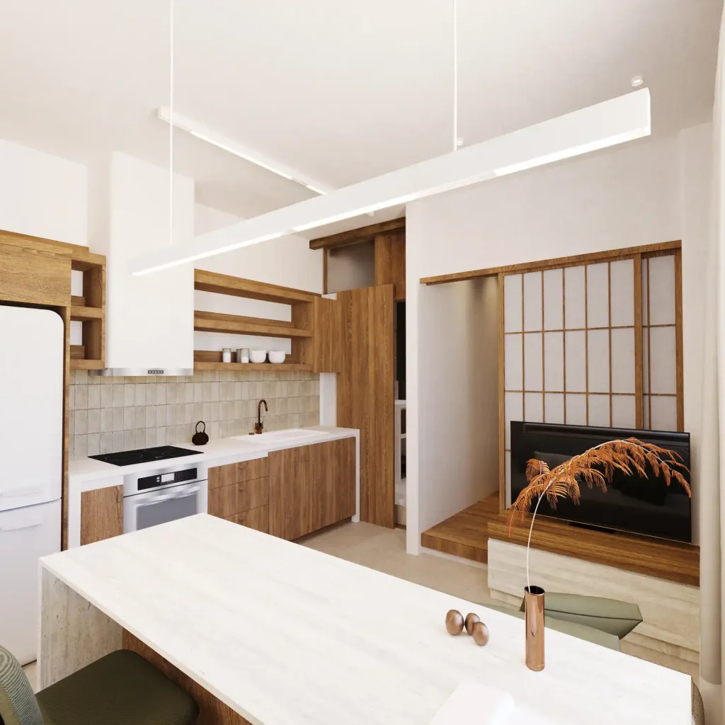 Chanion Studio A1 open-plan kitchen and dining area in Thessaloniki