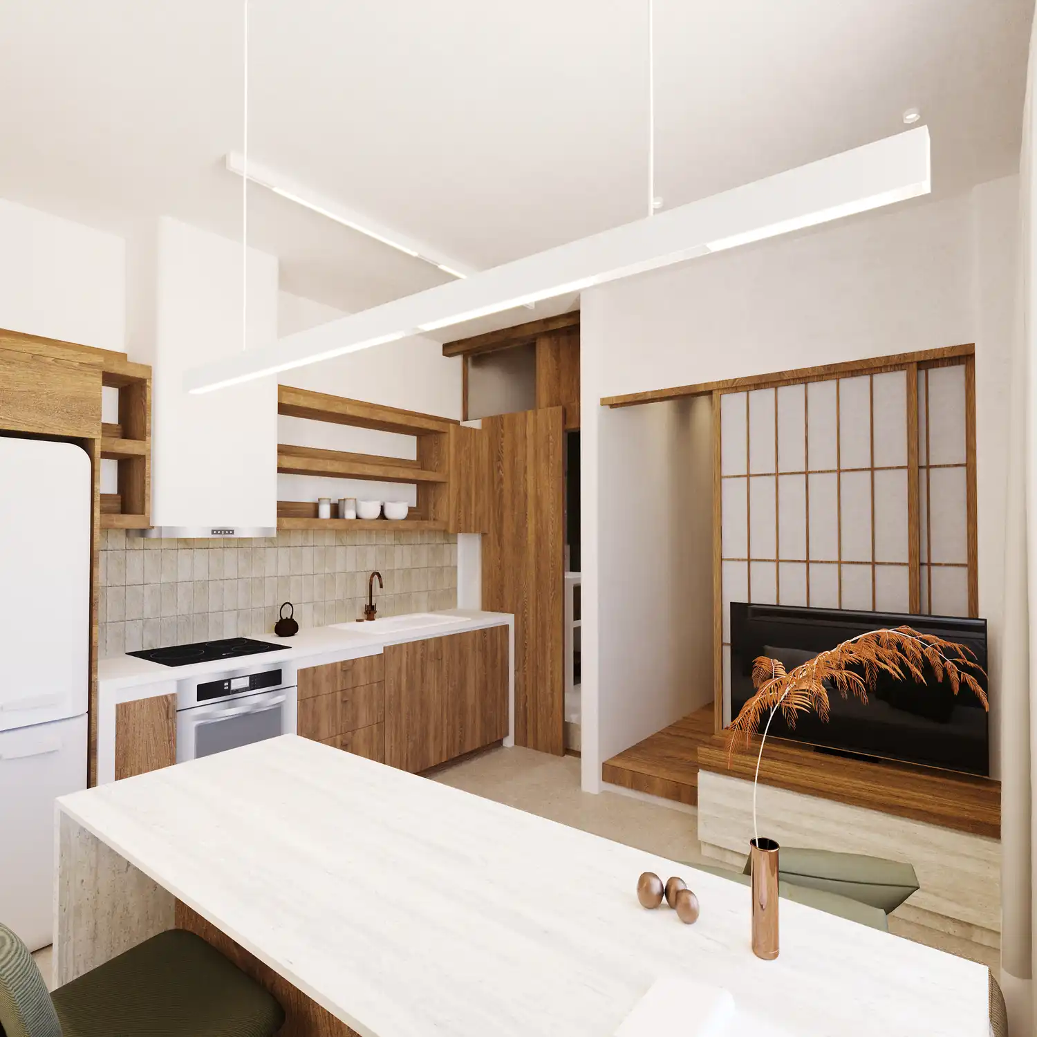 Chanion Studio A1 open-plan kitchen and dining area in Thessaloniki