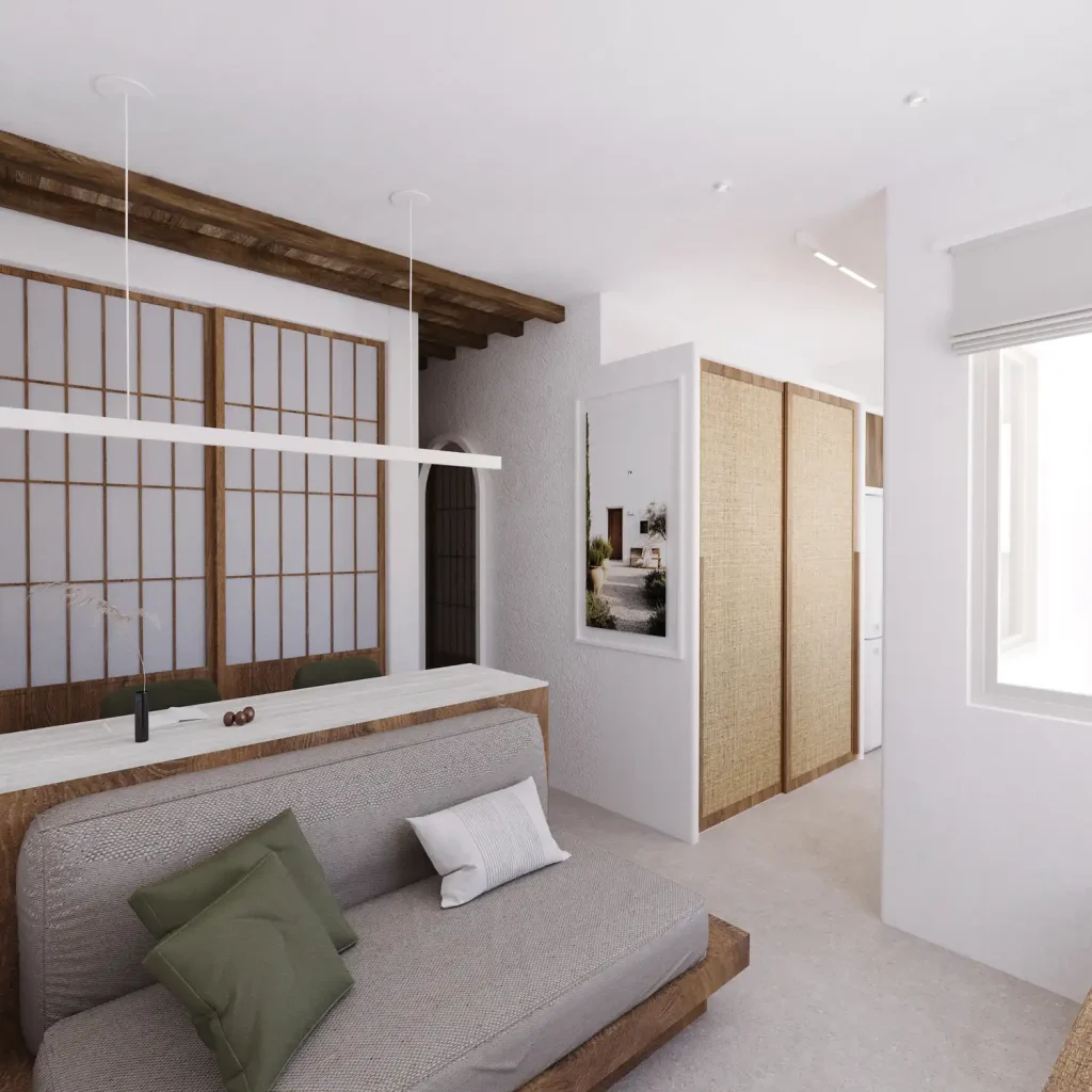 Chanion Studio A2 living area with timber screen