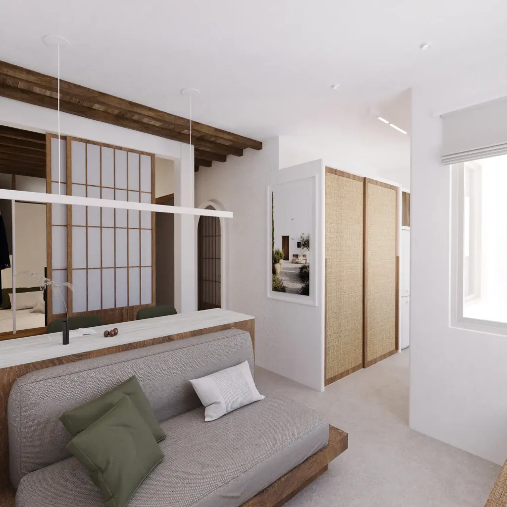 Chanion Studio A2 living room with built-in storage and timber partition